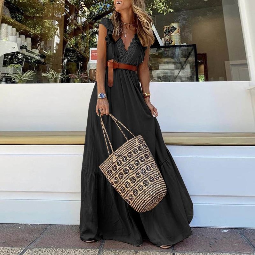Boho V neck Ruffle Sleeve Solid Maxi Dress - Picture 4 of 10